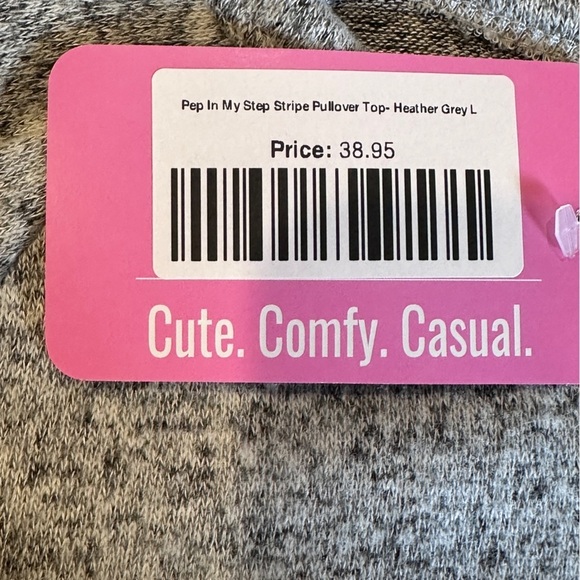 Pep In My Step Stripe Pullover Top- Heather Grey with Neon Pink‎ Stripes - Picture 7 of 8